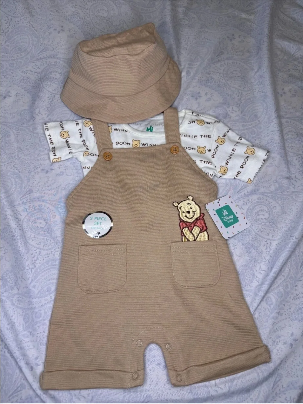 Disney Baby infant Winnie the Pooh 3 piece overalls shorts set